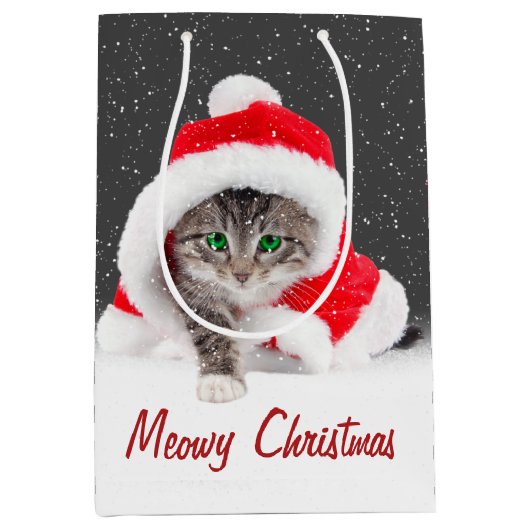 Kitten in Santa Hat en Snowflakes Medium Cadeauzakje (Voorkant)