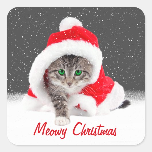 Kitten in Santa Hat en Snowflakes Vierkante Sticker (Voorkant)