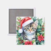 Kitten in Santa Hat Kerst Waterverf Kunst Magneet (Voorkant / Achterkant)