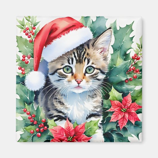 Kitten in Santa Hat Kerst Waterverf Kunst Magneet (Voorkant)