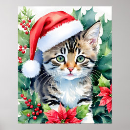 Kitten in Santa Hat Kerst Waterverf Kunst Poster