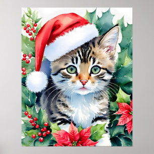 Kitten in Santa Hat Kerst Waterverf Kunst Poster