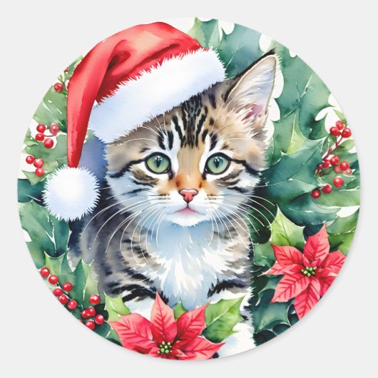 Kitten in Santa Hat Kerstkunst Ronde Sticker (Voorkant)