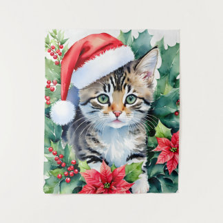 Kitten in Santa Hat Kerstkunst Wandkleed