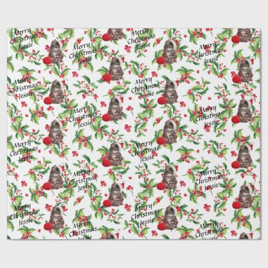 Kitten in Santa Hat Persoonlijke kerstnaam Cadeaupapier (Vlak)