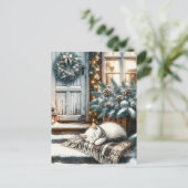Kitten in slaap op feestelijke veranda Kerstmis Briefkaart (Staand voorkant)