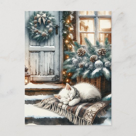 Kitten in slaap op feestelijke veranda Kerstmis Briefkaart (Voorkant)
