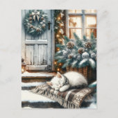 Kitten in slaap op feestelijke veranda Kerstmis Feestdagenkaart (Voorkant)