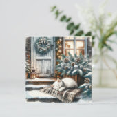 Kitten in slaap op feestelijke veranda Kerstmis Feestdagenkaart (Staand voorkant)