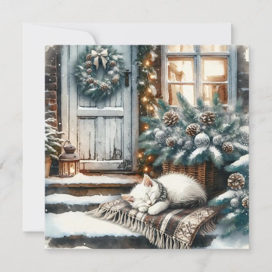 Kitten in slaap op feestelijke veranda Kerstmis Feestdagenkaart (Voorkant)