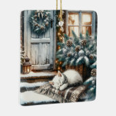 Kitten in slaap op feestelijke veranda Kerstmis Keramisch Ornament (Rechts)