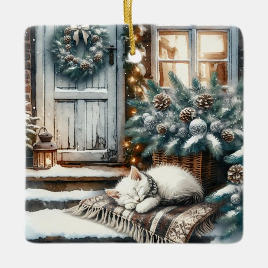 Kitten in slaap op feestelijke veranda Kerstmis Keramisch Ornament (Voorkant)