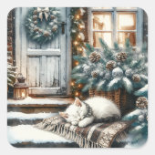 Kitten in slaap op feestelijke veranda Kerstmis Vierkante Sticker (Voorkant)