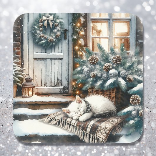 Kitten in slaap op feestelijke veranda Kerstmis Vierkante Sticker