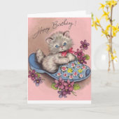 kitten in slipper verjaardag Kaart (Gele Bloem)
