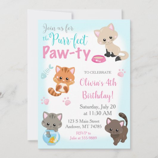 Kitten Invitation for Girl Birthday Paw-ty Kaart (Voorkant)