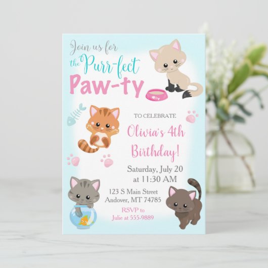 Kitten Invitation for Girl Birthday Paw-ty Kaart (Staand voorkant)