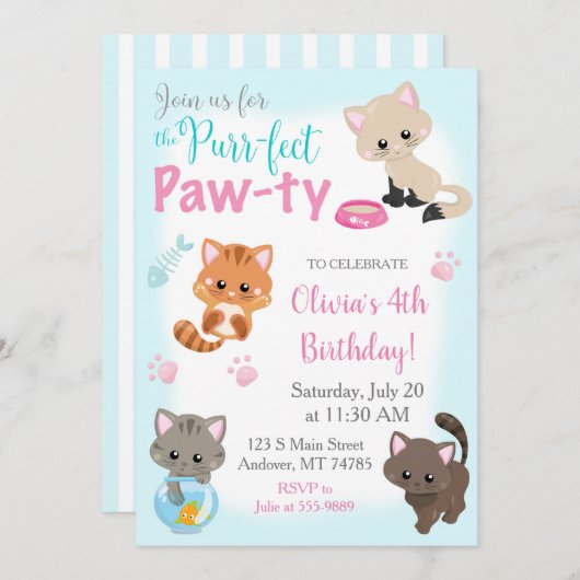 Kitten Invitation for Girl Birthday Paw-ty Kaart (Voorkant / Achterkant)