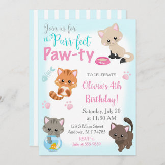 Kitten Invitation for Girl Birthday Paw-ty Kaart
