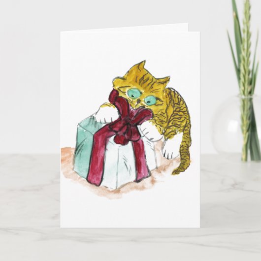 Kitten is het uitpakken van een vrolijke catamune feestdagen kaart (Voorkant)