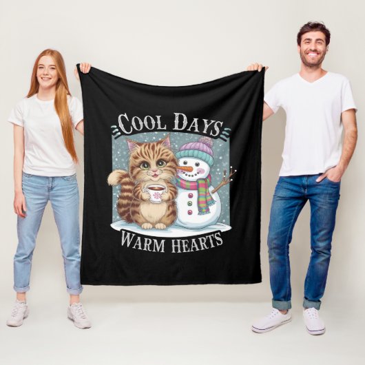Kitten Kat en Sneeuwman Vrienden Deel Koffie Winte Fleece Deken (In situ)