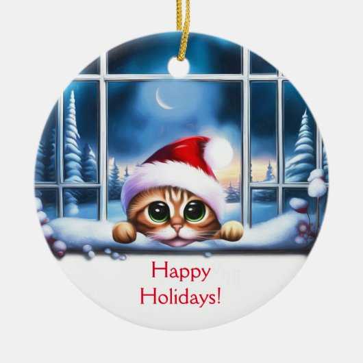 Kitten kat kerst kijken door raam keramisch ornament (Voorkant)