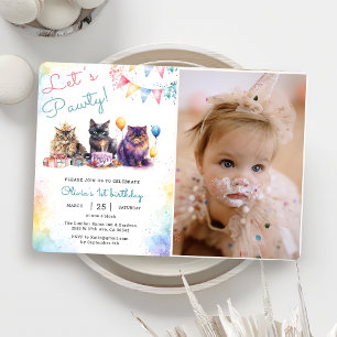 Kitten Kat Let's Feesten 1e Verjaardagsfeestje Fot Kaart