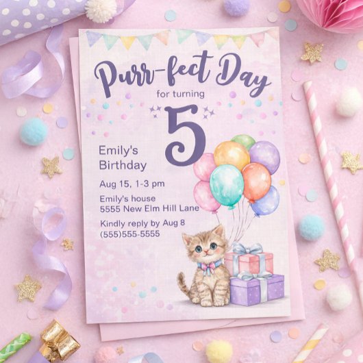 Kitten Kat Pastel Meisje 5e Verjaardag Kaart