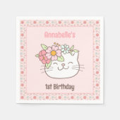 Kitten kat roze meisje 1e verjaardag servetten (Voorkant)