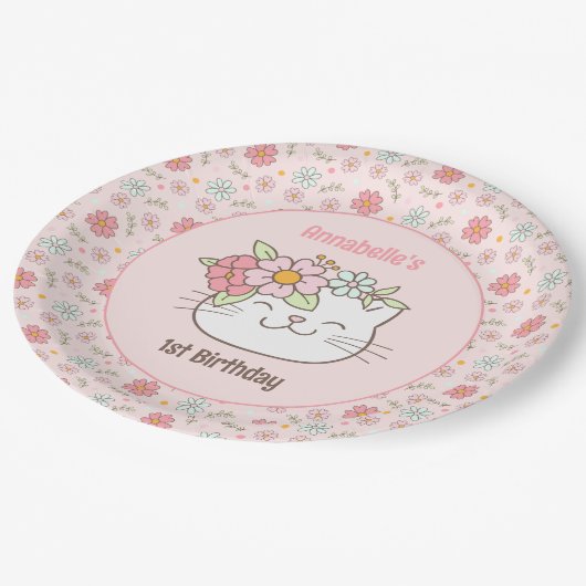 Kitten kat roze meisje 1e verjaardag servetten papieren bordje (Gekanteld)