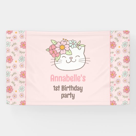 Kitten kat roze meisje 1e verjaardag spandoek (Horizontaal)