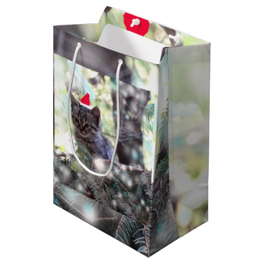 Kitten Kersttijd Gift Bag - Medium, Mat Medium Cadeauzakje (Voorkant Gekanteld)