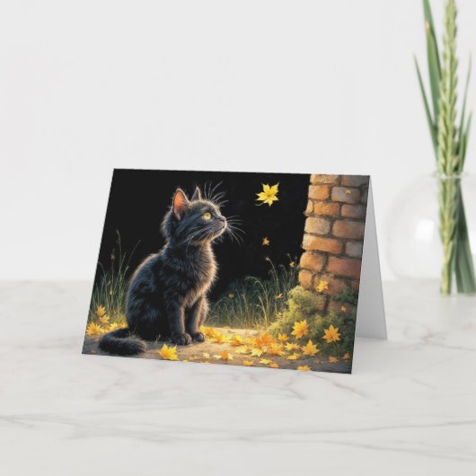 Kitten kijken naar een vallende herfstblad kaart (Voorkant)