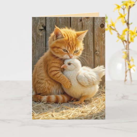 Kitten Knuffelen Een Kuiken Denken Aan Je Kaart (Gele Bloem)