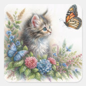 Kitten Looking At Orange Butterfly Vierkante Sticker (Voorkant)