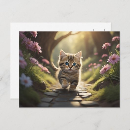 Kitten lopen over het pad tussen de bloemen briefkaart (Voorkant / Achterkant)