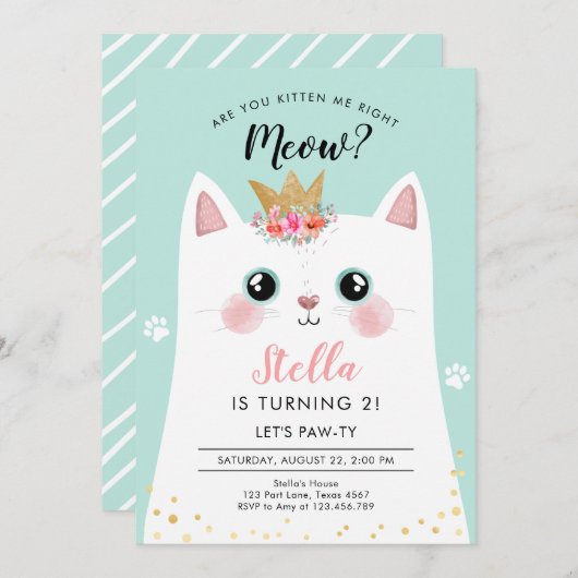 Kitten Meow Blauwgroen Kroonmeisje Kitty Cat Verja Kaart (Voorkant / Achterkant)