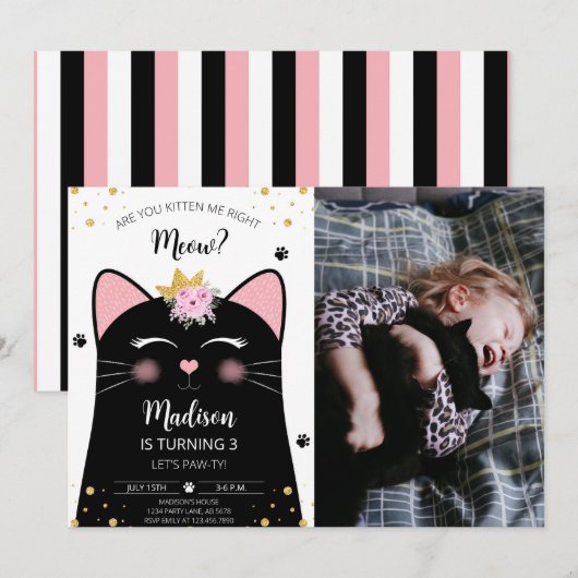 Kitten Meow Verjaardag Zwart Foto Kaart (Voorkant / Achterkant)