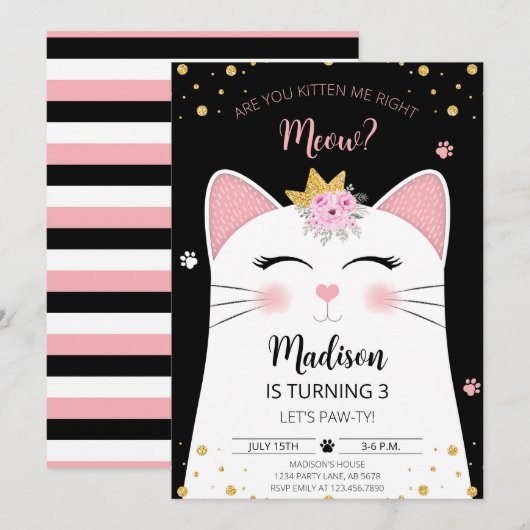 Kitten Meow Verjaardag Zwart Kaart (Voorkant / Achterkant)