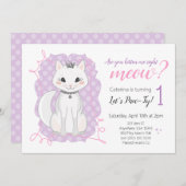 Kitten Meow Verjaardagsuitnodiging | Roze en Paars Kaart (Voorkant / Achterkant)