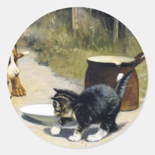 Kitten met 2 puppies schilderij ronde sticker