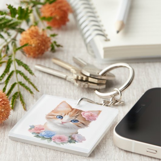 Kitten met Bloemen Whimsical Feline Sleutelhanger (Voorkant Rechts)