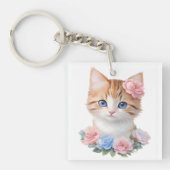Kitten met Bloemen Whimsical Feline Sleutelhanger (voorkant)