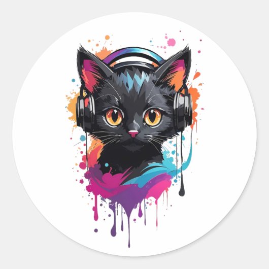 Kitten met een hoofdtelefoon ronde sticker (Voorkant)