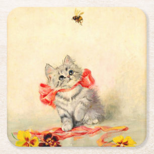 Kitten met een rood lint kartonnen onderzetters