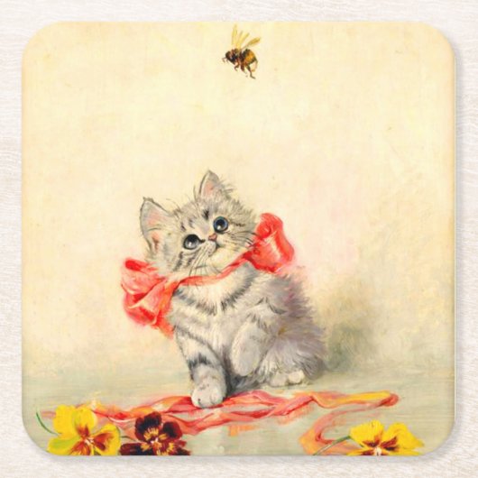 Kitten met een rood lint kartonnen onderzetters (Voorkant)