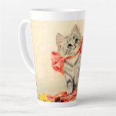 Kitten met een rood lint latte mok (Linkerhoek)
