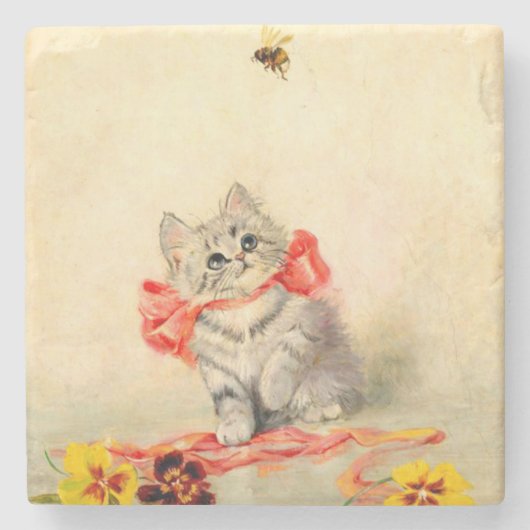 Kitten met een rood lint stenen onderzetter (Voorkant)