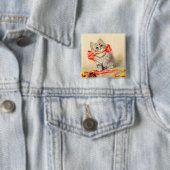 Kitten met een rood lint vierkante button 5,1 cm (In situ)