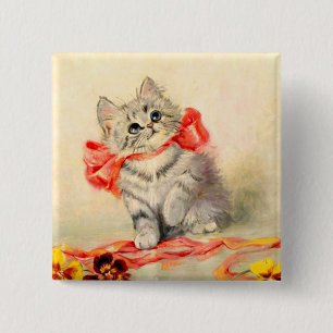 Kitten met een rood lint vierkante button 5,1 cm